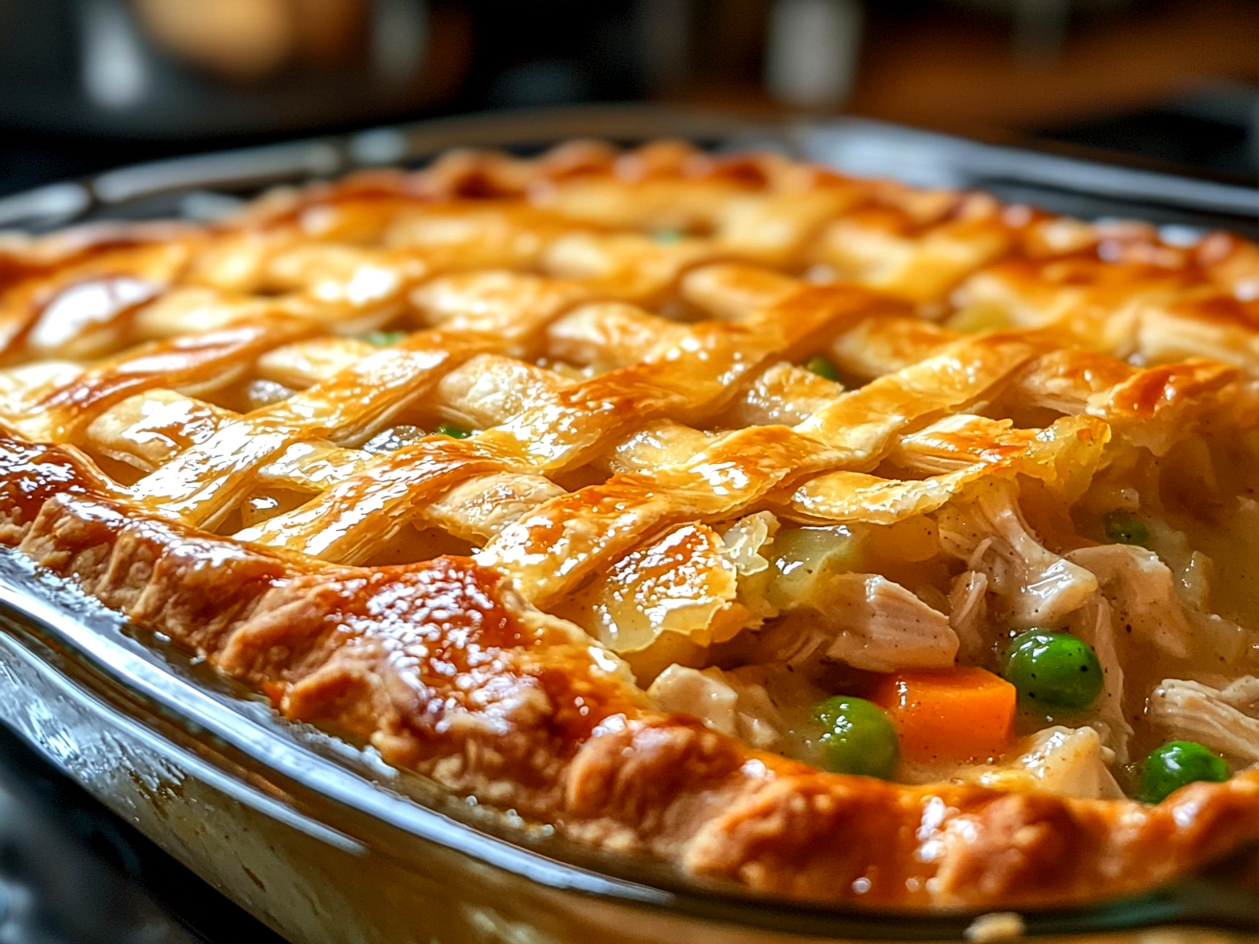 Freshly baked Freezer Chicken Pot Pie with golden crust on table ready to serve