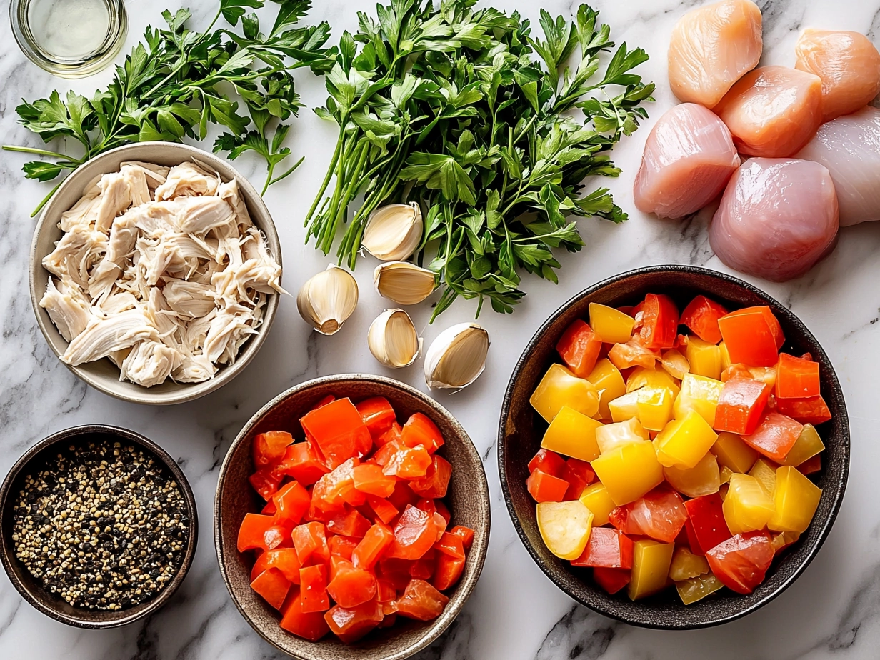 Ingredients laid out for Freezer Chicken Pot Pie Filling including chicken, vegetables, butter, and spices