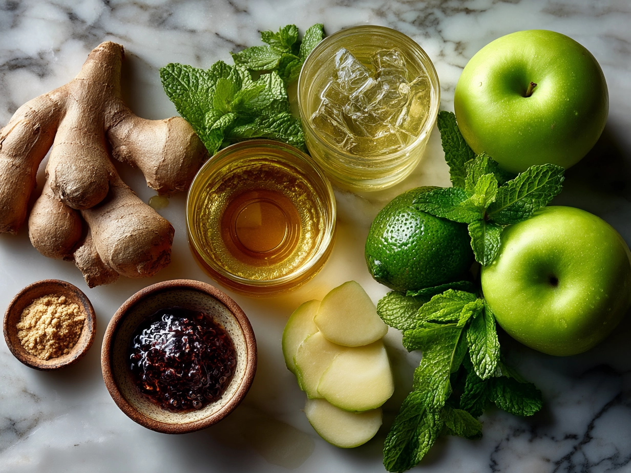 Ingredients for Green Apple Ginger Detox Juice including green apples, ginger, lemon, mint, honey, and water