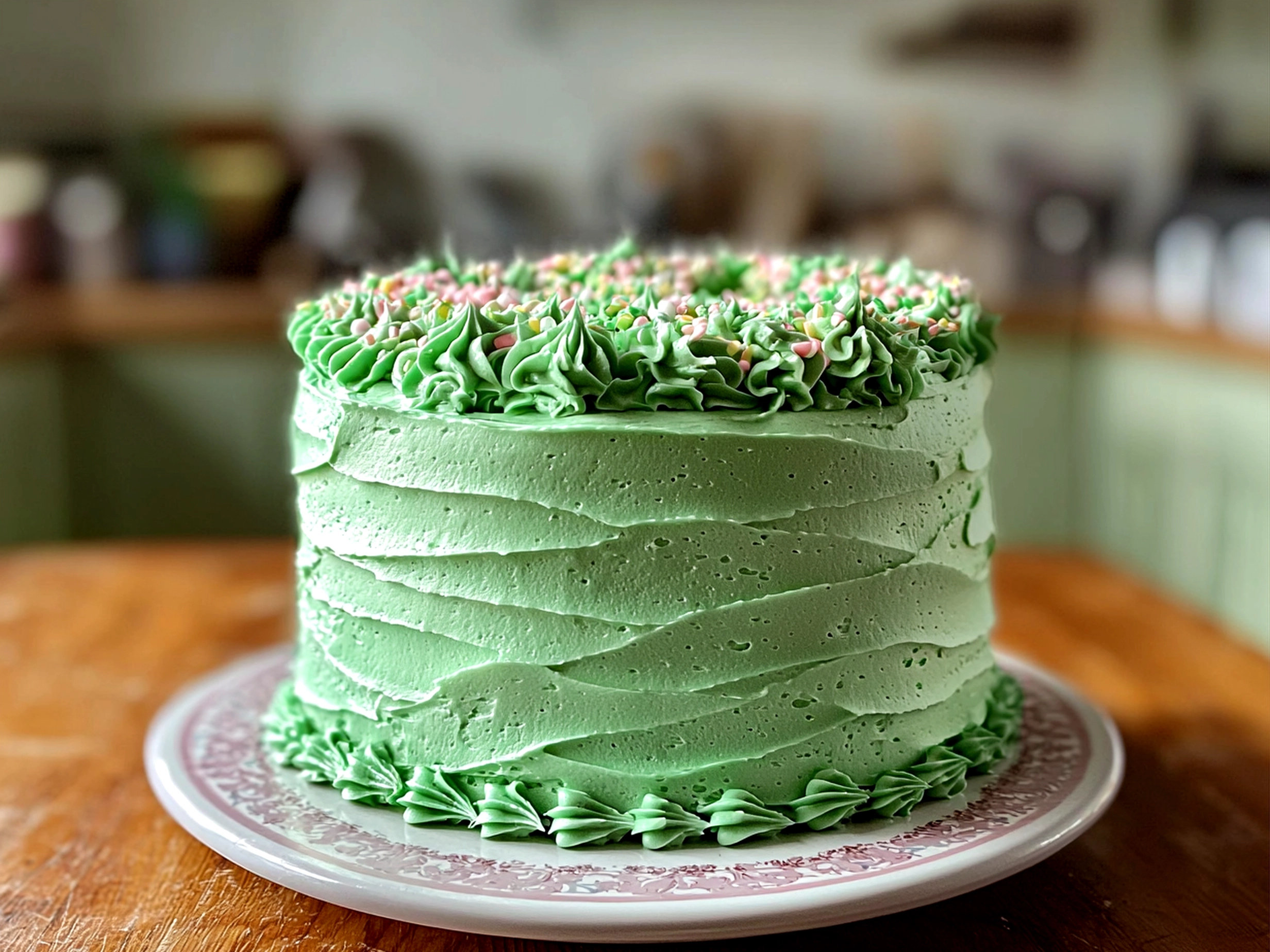 Sliced Green Ombre Layer Cake with beautiful green gradient cake decoration on a plate ready to serve