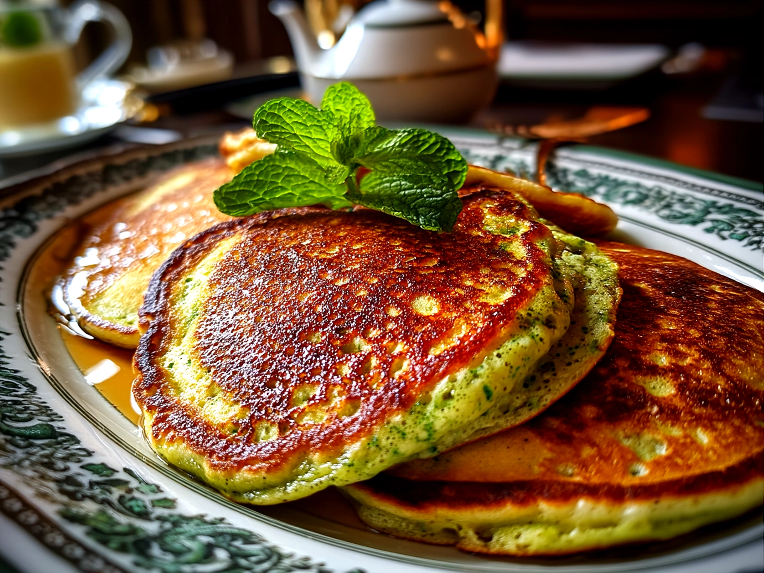Stacked Green Shamrock Pancakes served with syrup and garnishes