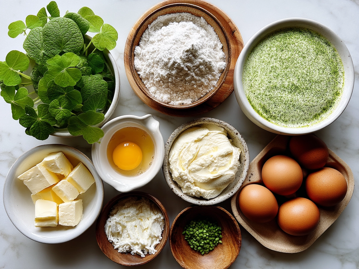 Ingredients to make Green Shamrock Pancakes including flour, eggs, milk, spinach puree, and vanilla extract