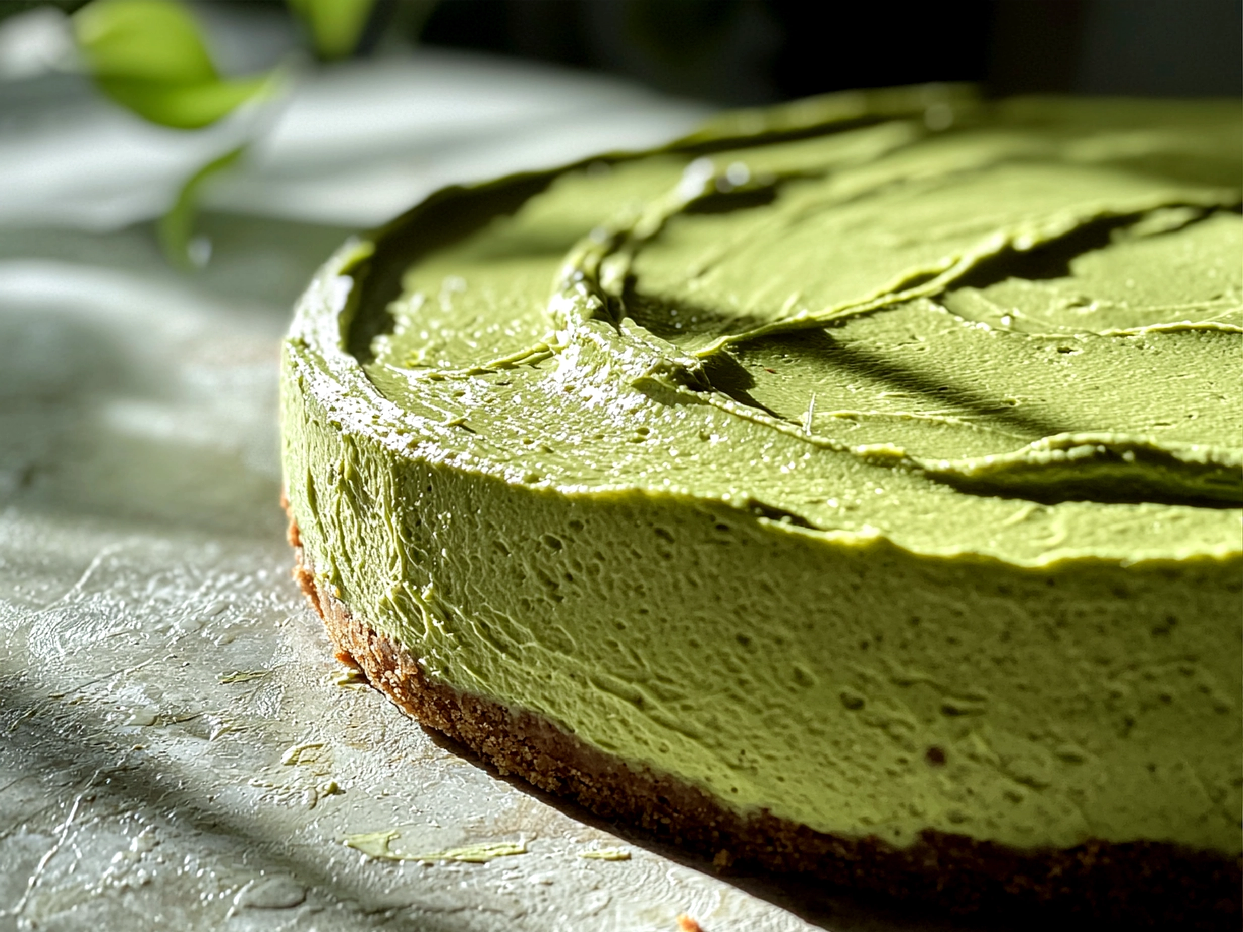 Sliced Green Smoothie Cheesecake served on a plate with fresh berries