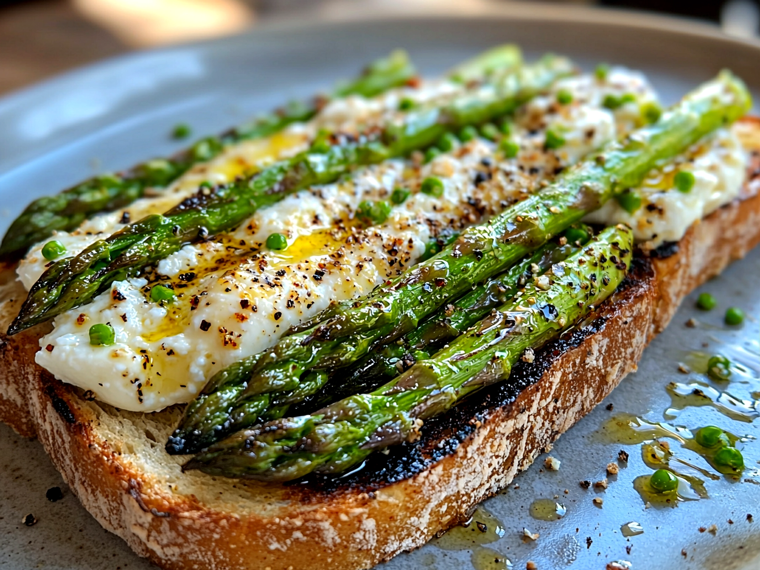 Served Grilled Asparagus Burrata Toast garnished with fresh herbs and lemon wedges