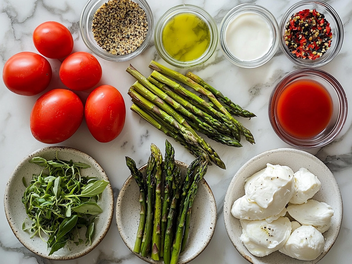 Ingredients for Grilled Asparagus Burrata Toast including fresh asparagus, olive oil, sourdough bread, and burrata cheese