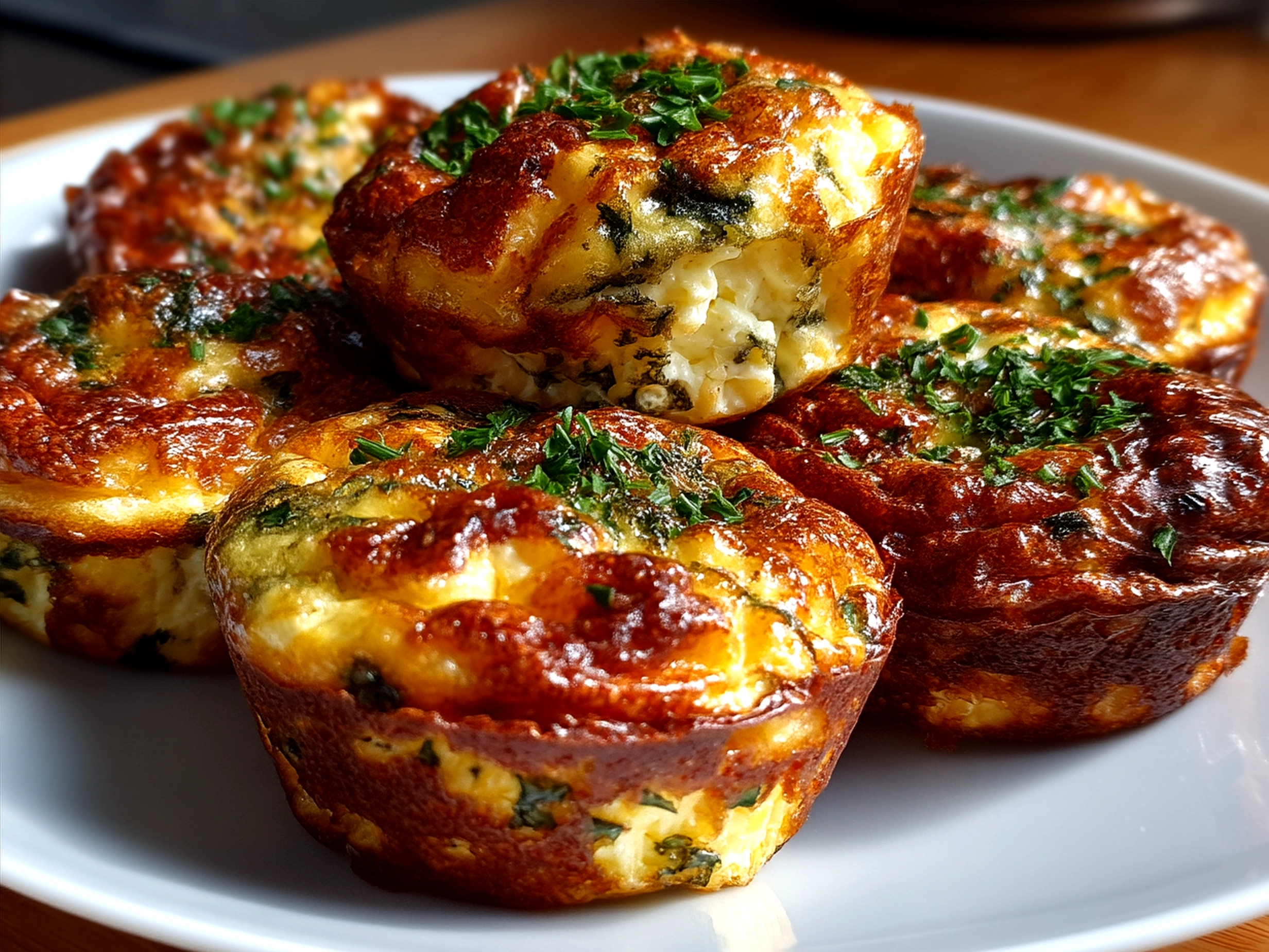 Freshly baked High-Protein Breakfast Egg Muffins served on a white plate with salsa and fruit salad