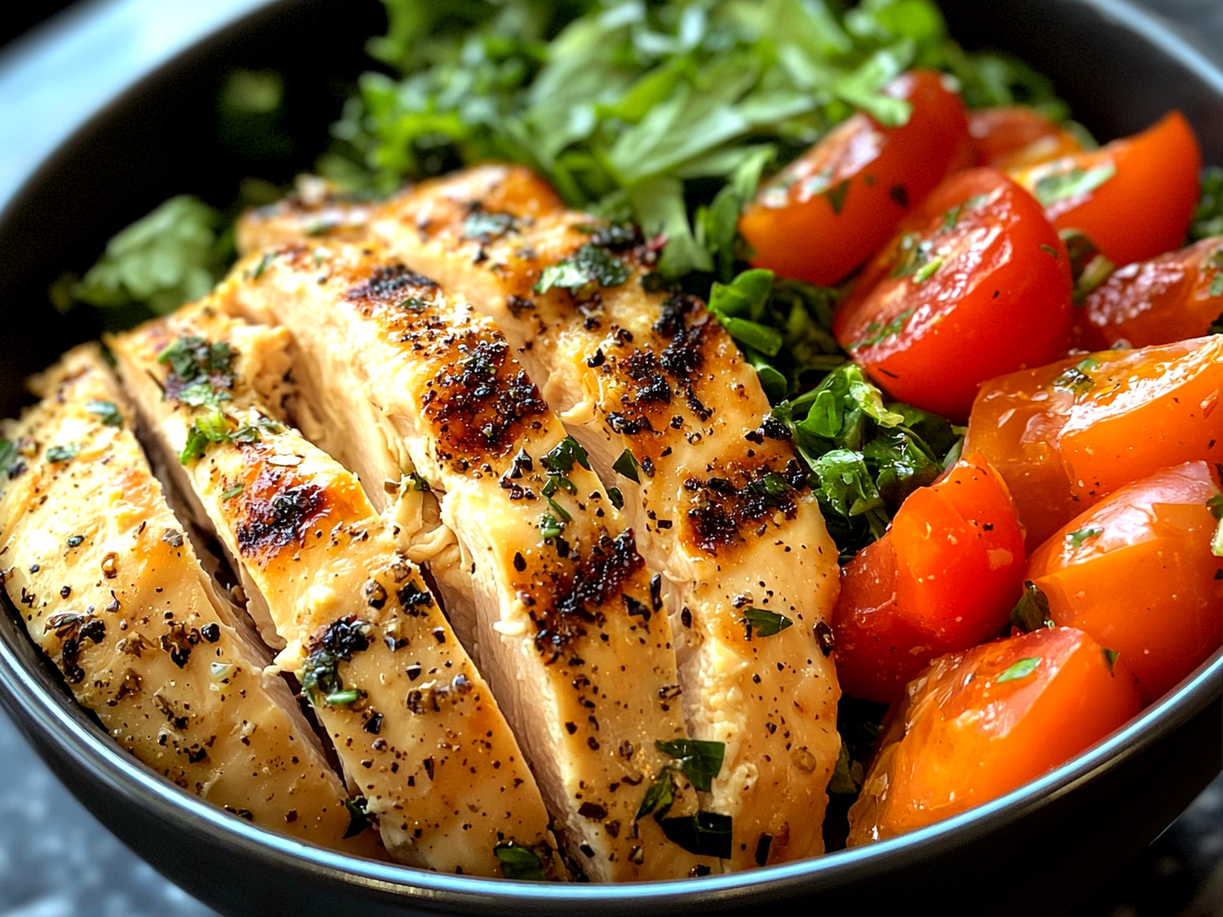 Final plated High-Protein Chicken Meal Prep Bowls served with fresh avocado slices and veggies