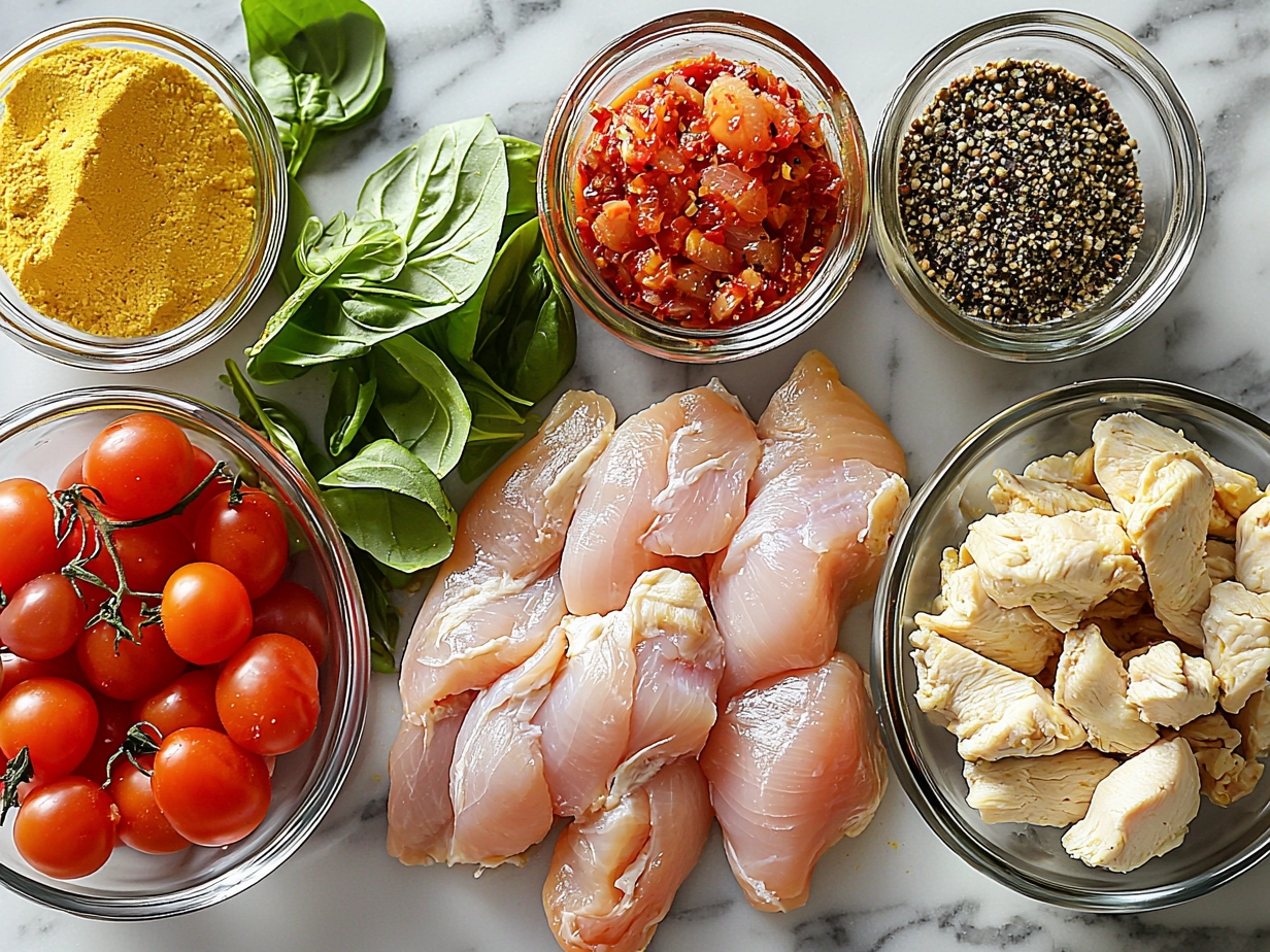Ingredients for High-Protein Chicken Meal Prep Bowls including chicken, quinoa, broccoli, red bell pepper, carrot, and avocado