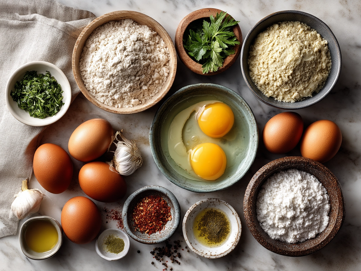 Ingredients for High-Protein Egg White Frittata including egg whites, bell peppers, spinach, tomatoes, onions, mozzarella, olive oil, and herbs