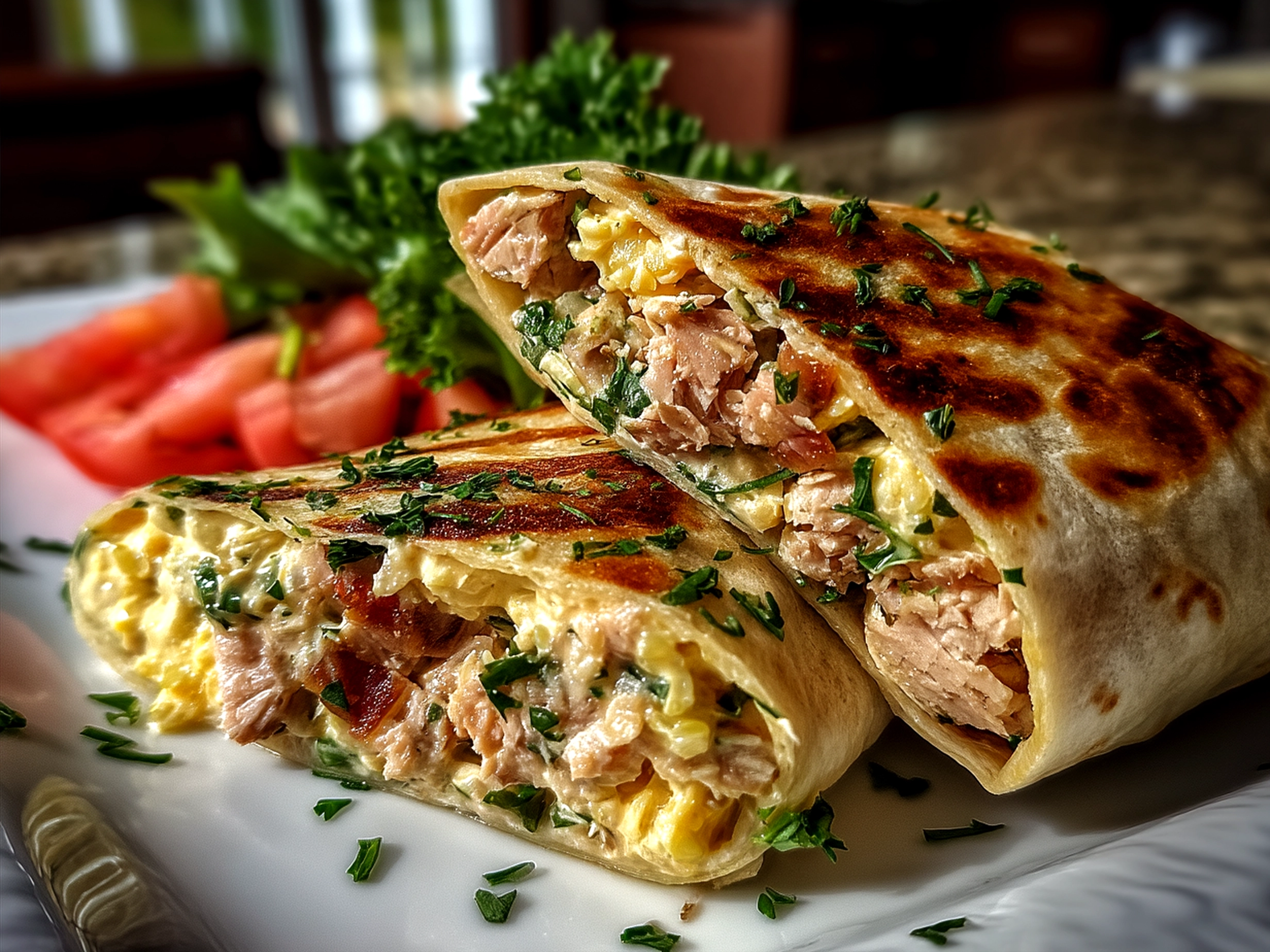 Fresh High-Protein Tuna Salad Wrap served with a side of crisp cucumber slices