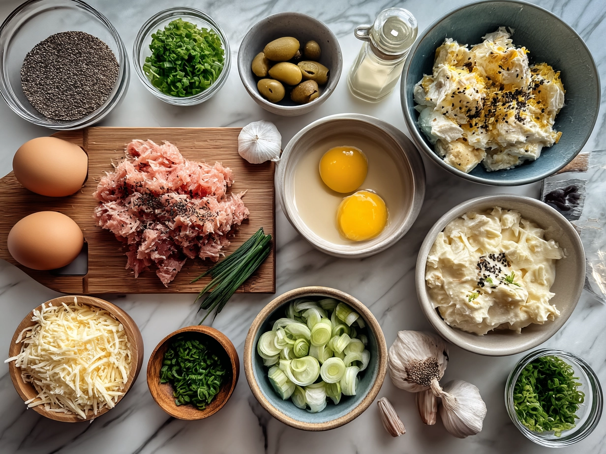 Ingredients for High-Protein Tuna Salad Wrap including tuna, Greek yogurt, celery, carrot, and whole wheat tortillas