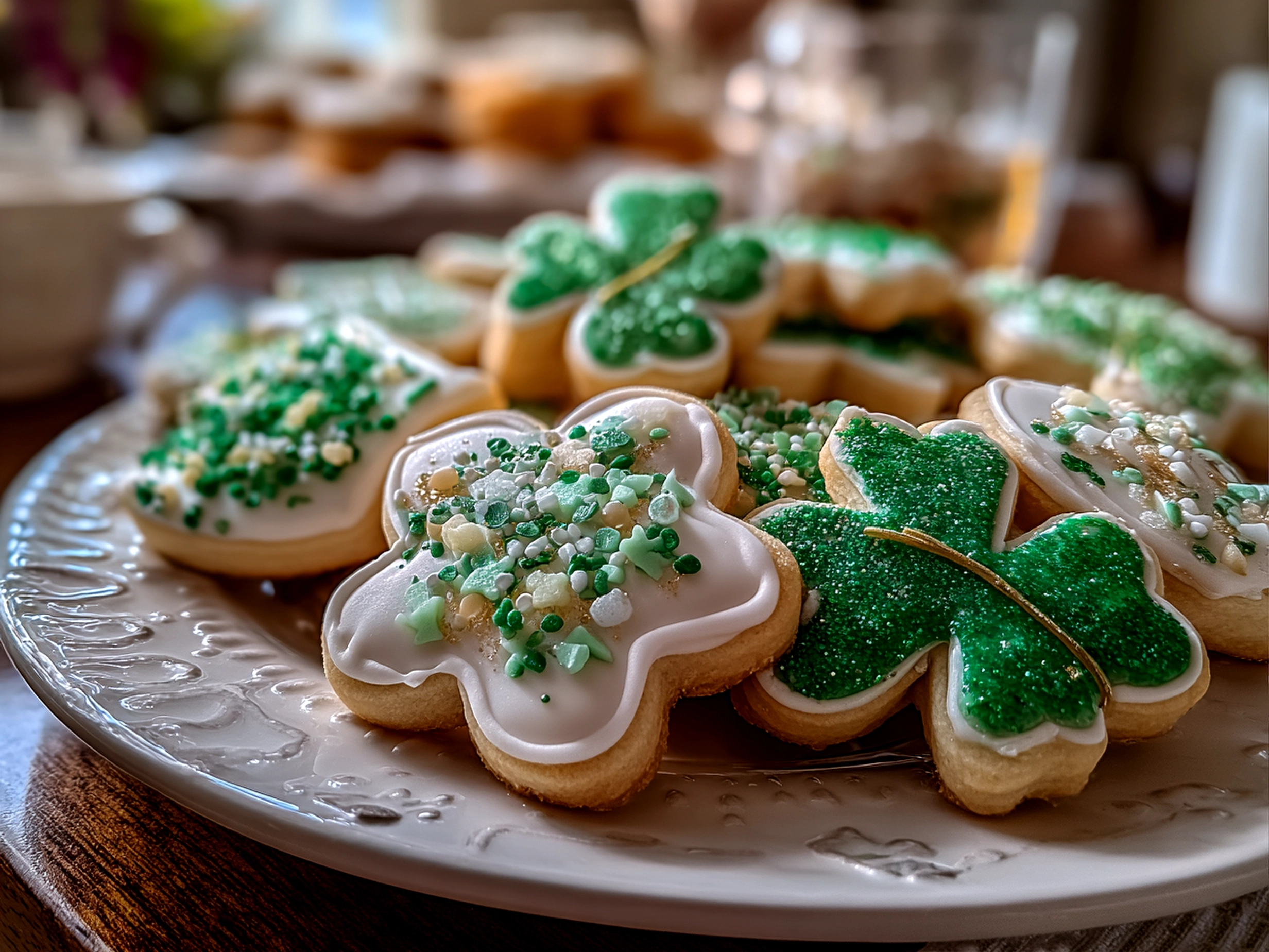 Home cook, taken with iPhone 14. Close-up slight angle of freshly prepared St Patricks Day Cookies on white plate. Mouthwatering --ar 4:3 --style raw --s 230