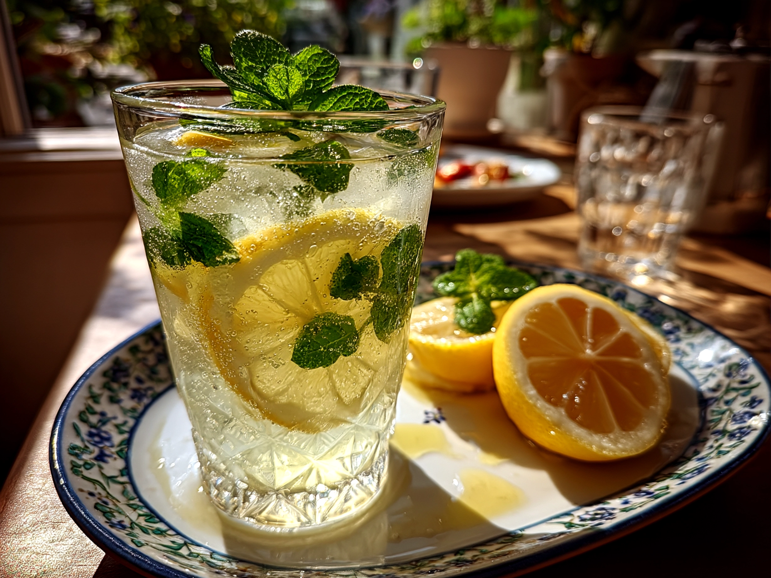 Serving Homemade Elderflower Lemonade with lemon slices and fresh elderflowers