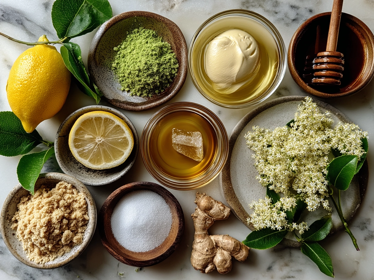 Ingredients for Homemade Elderflower Lemonade including lemons and elderflower syrup