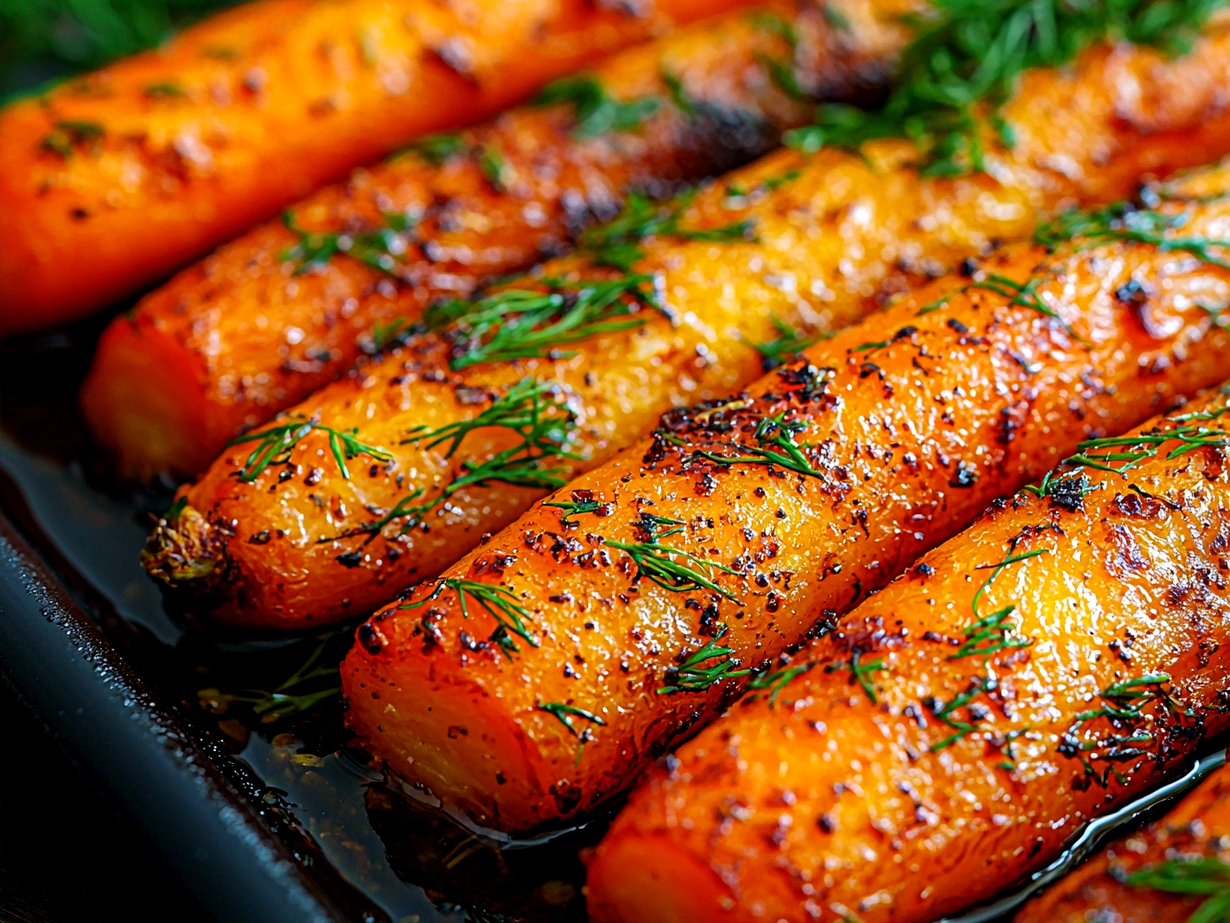Honey Glazed Roasted Carrots with Dill served on a rustic wooden board