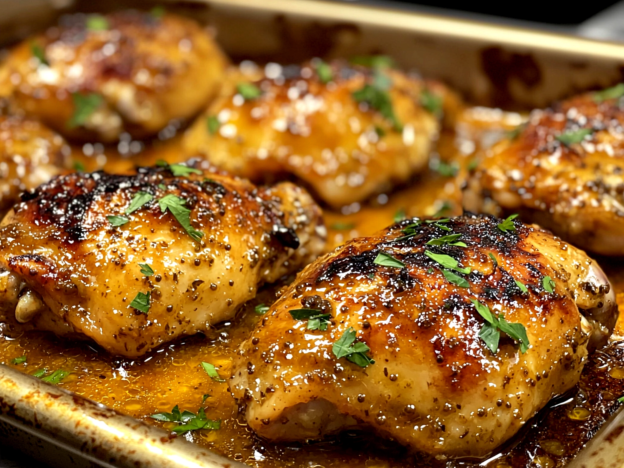 Honey Mustard Sheet Pan Chicken served with roasted baby potatoes, carrots, and green beans on a colorful platter