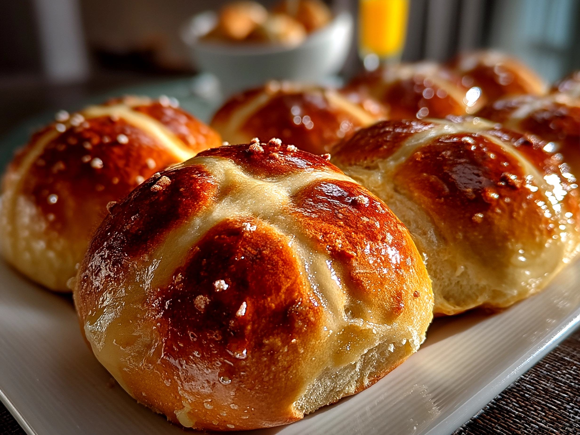 Freshly baked Hot Cross Buns from Scratch arranged on a serving plate