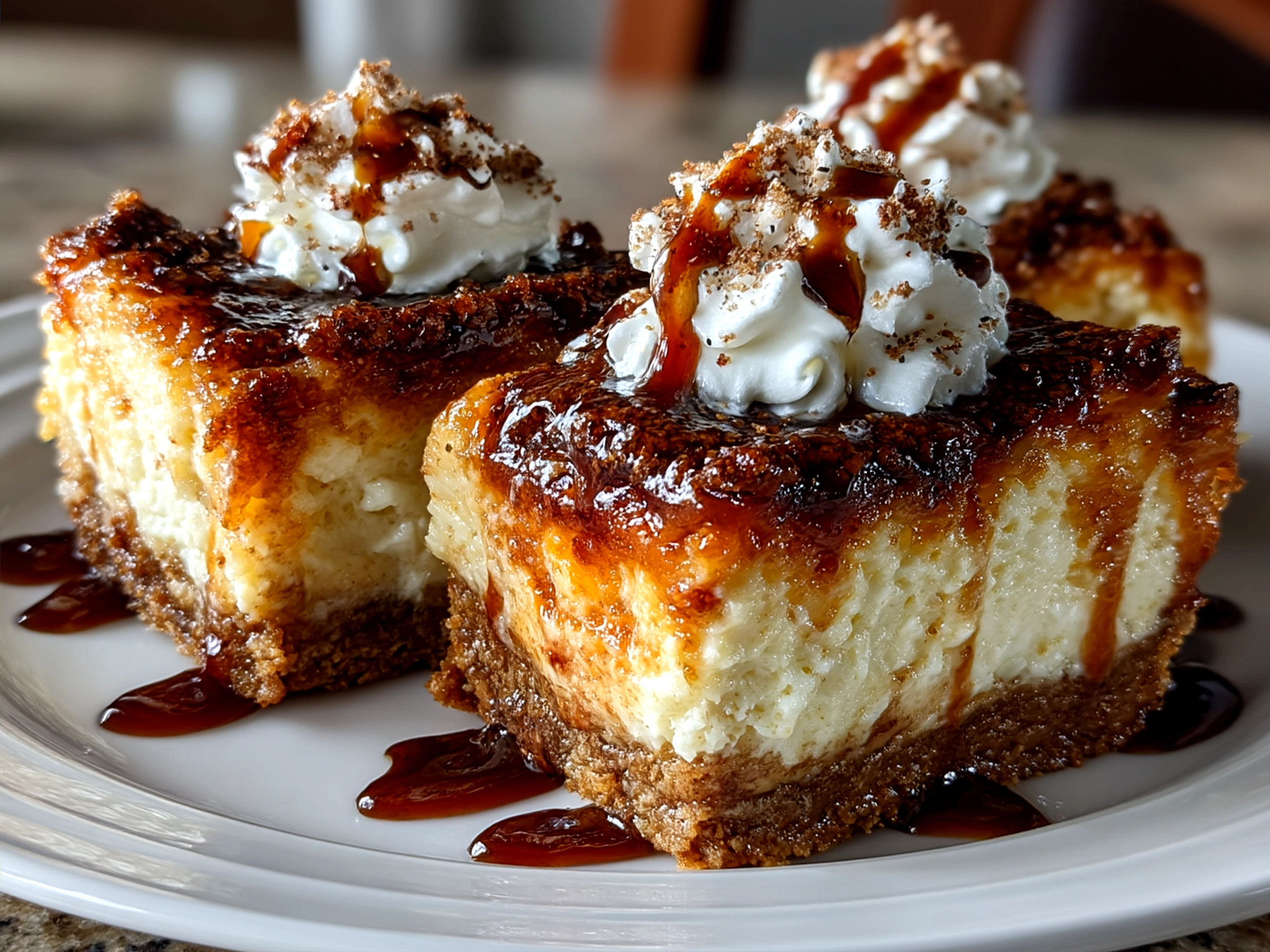 Freshly cut Irish Cream Cheesecake Bars served with berries and whipped cream