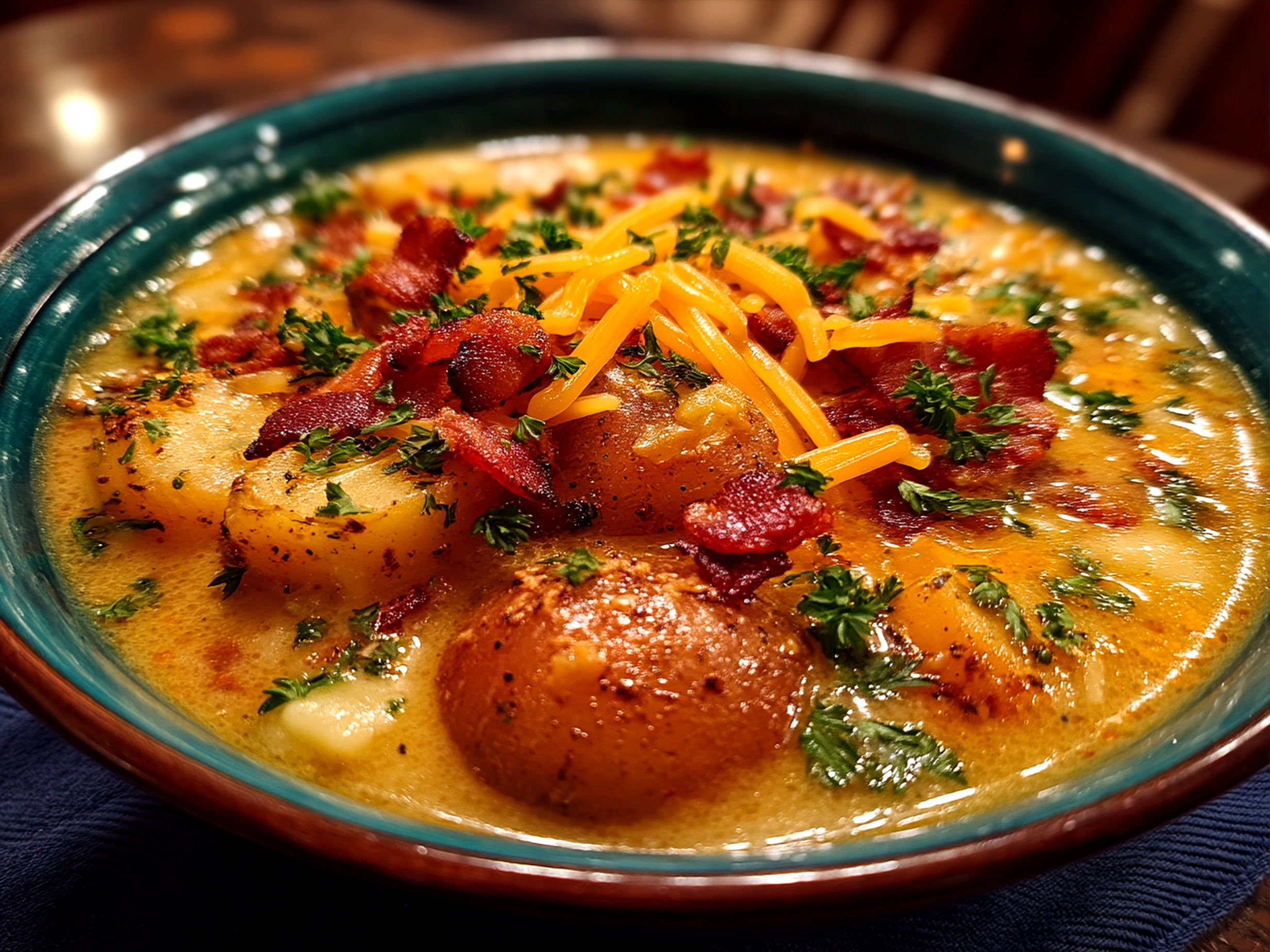 Bowl of Irish Potato Soup with Cheddar Bacon garnished with green onions and bacon pieces