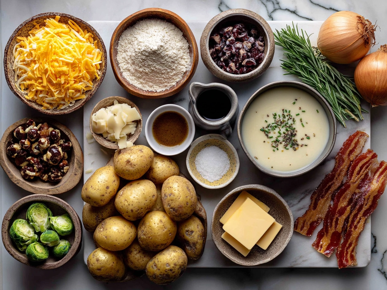 Ingredients for Irish Potato Soup with Cheddar Bacon laid out on a table