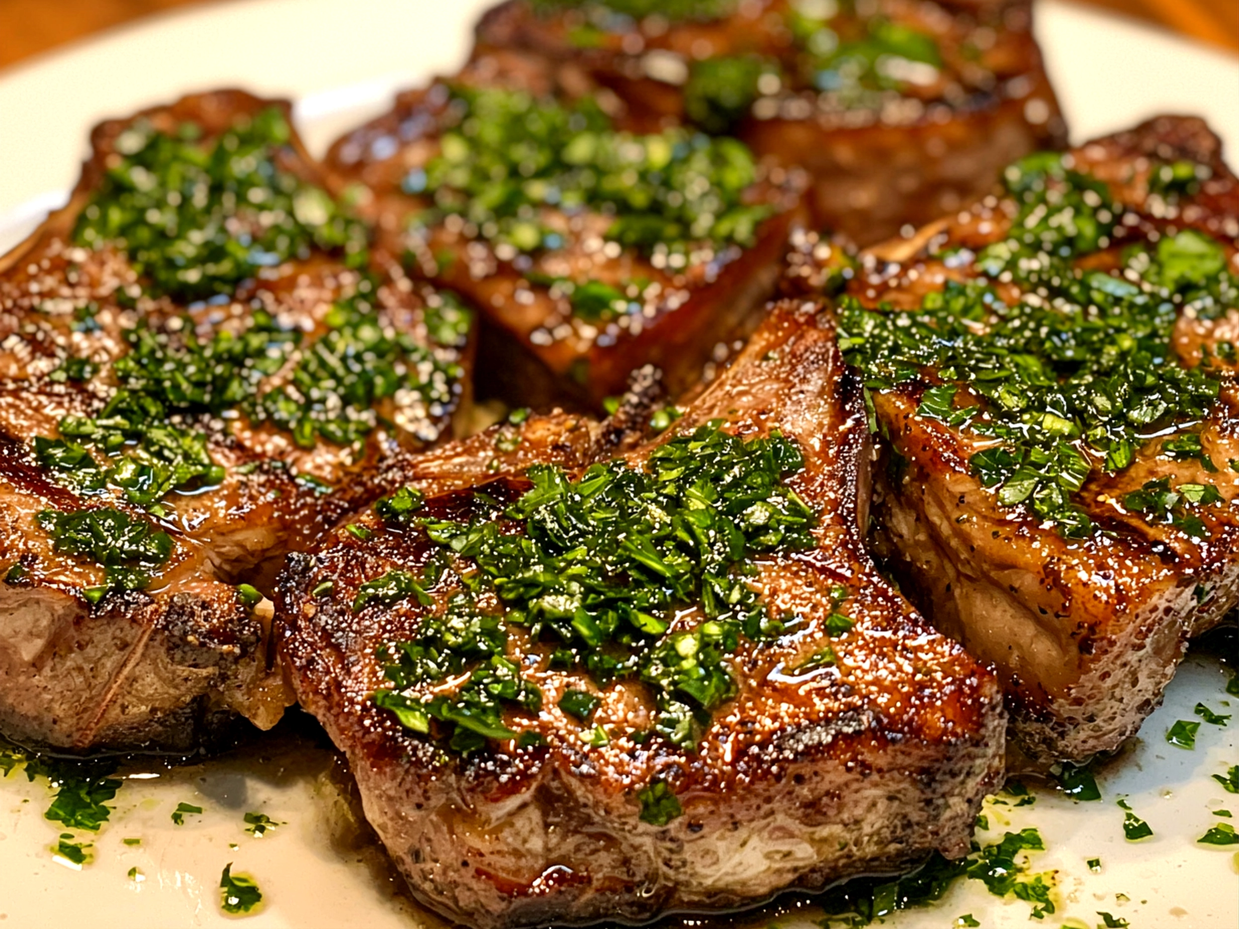 Plated Lamb Chops with Mint Gremolata vibrant on warm plate