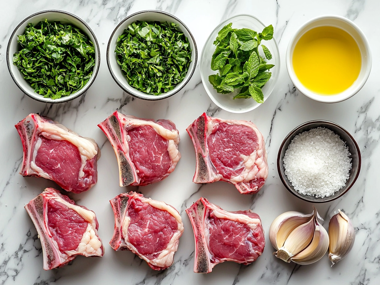 Ingredients laid out for Lamb Chops with Mint Gremolata including lamb chops, fresh mint, parsley, garlic, lemon, and olive oil