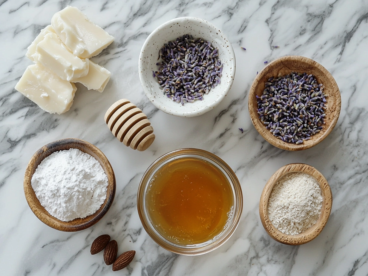Ingredients for Lavender Honey Latte including milk, honey, dried lavender and coffee