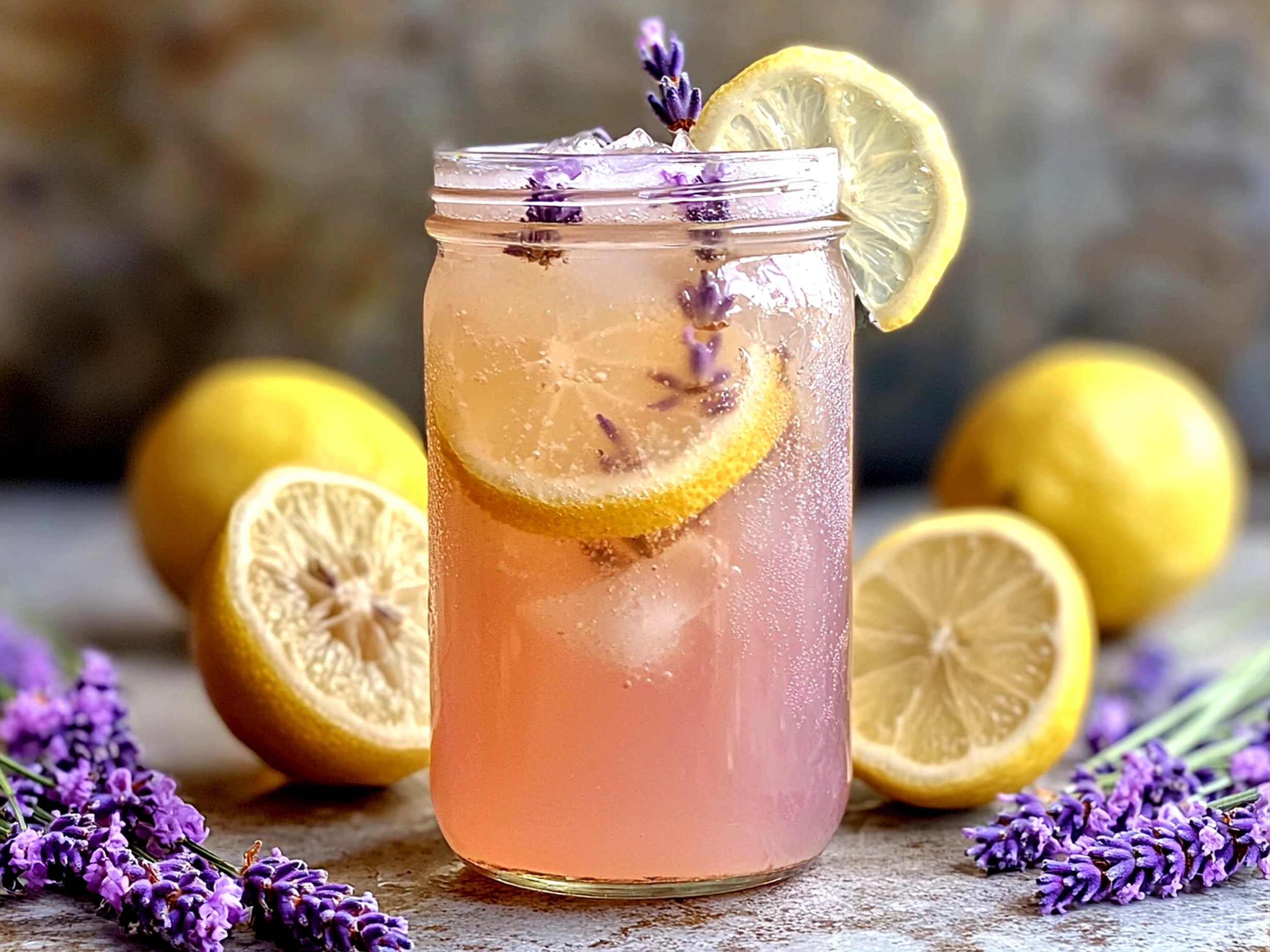 Glass of lavender lemonade garnished with lemon slice and lavender sprig