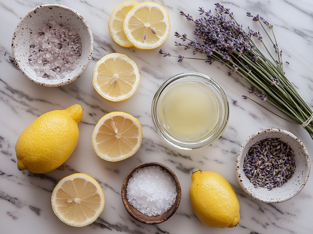 Ingredients for making lavender lemonade including lemons, sugar, lavender buds and water