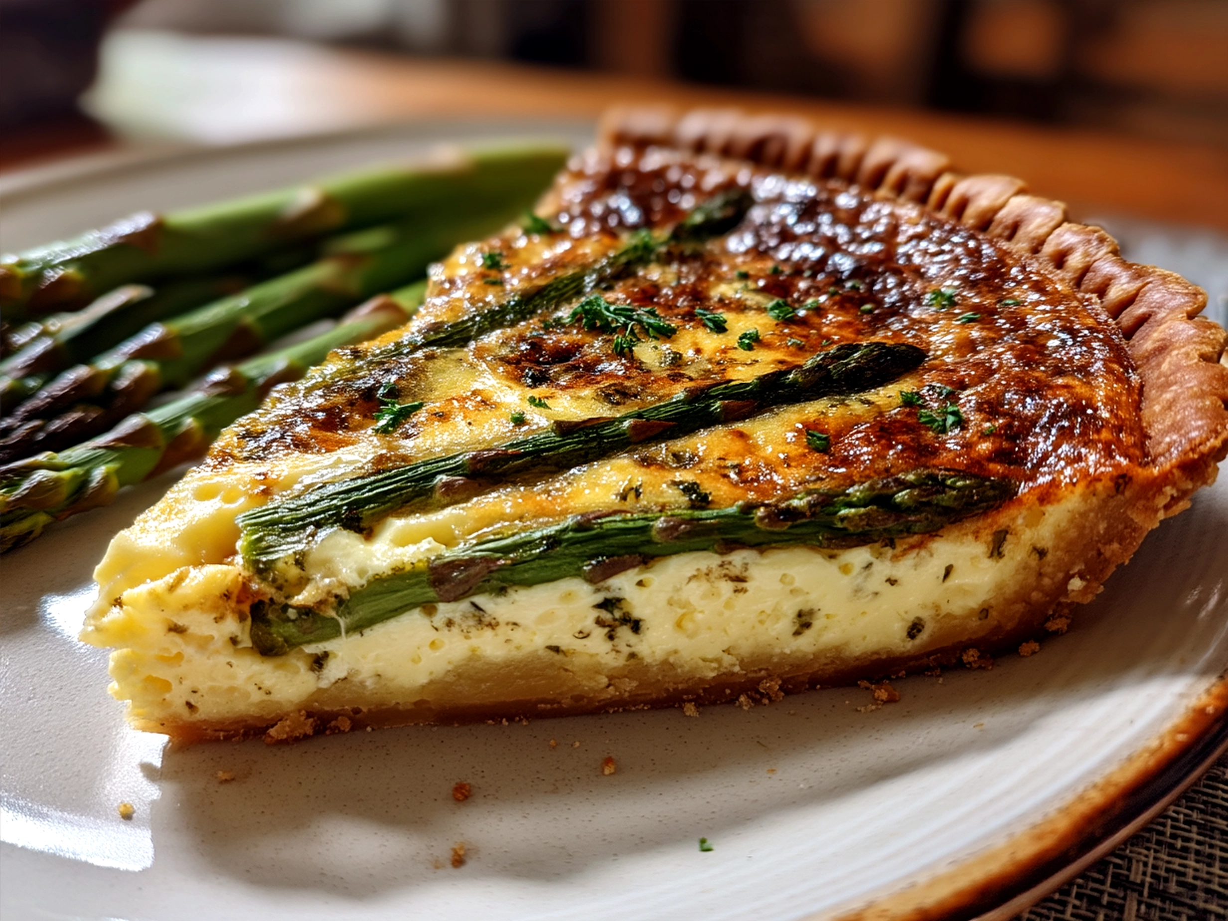 A slice of Lemon Asparagus Quiche served on a plate with fresh salad