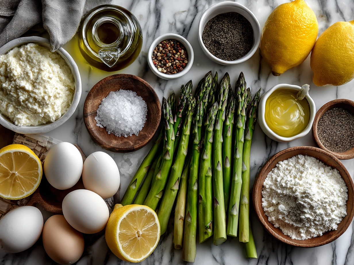 Ingredients for Lemon Asparagus Quiche laid out on a kitchen counter