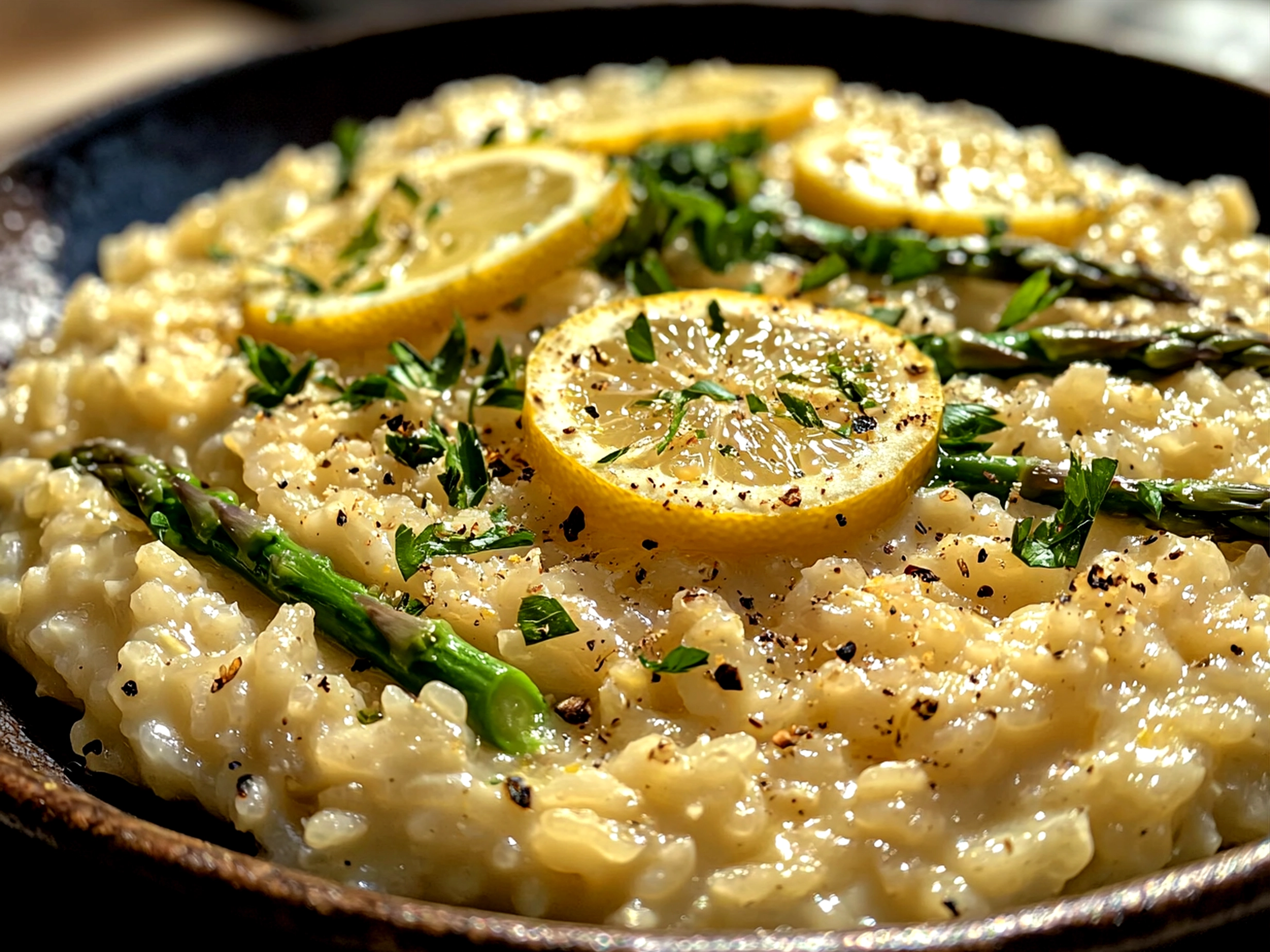 Serving Lemon Asparagus Risotto garnished with lemon zest and black pepper