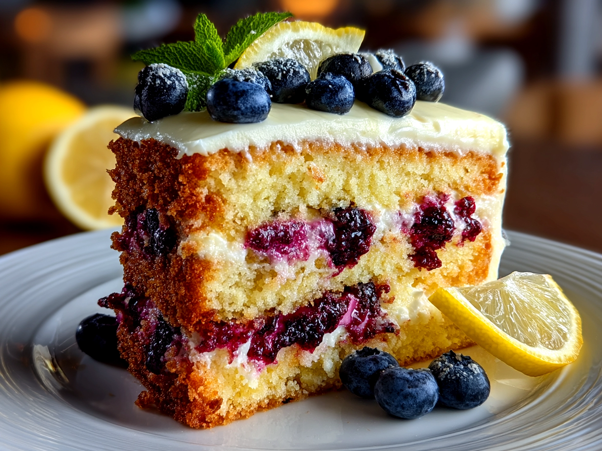 Lemon Blueberry Layer Cake ready to serve