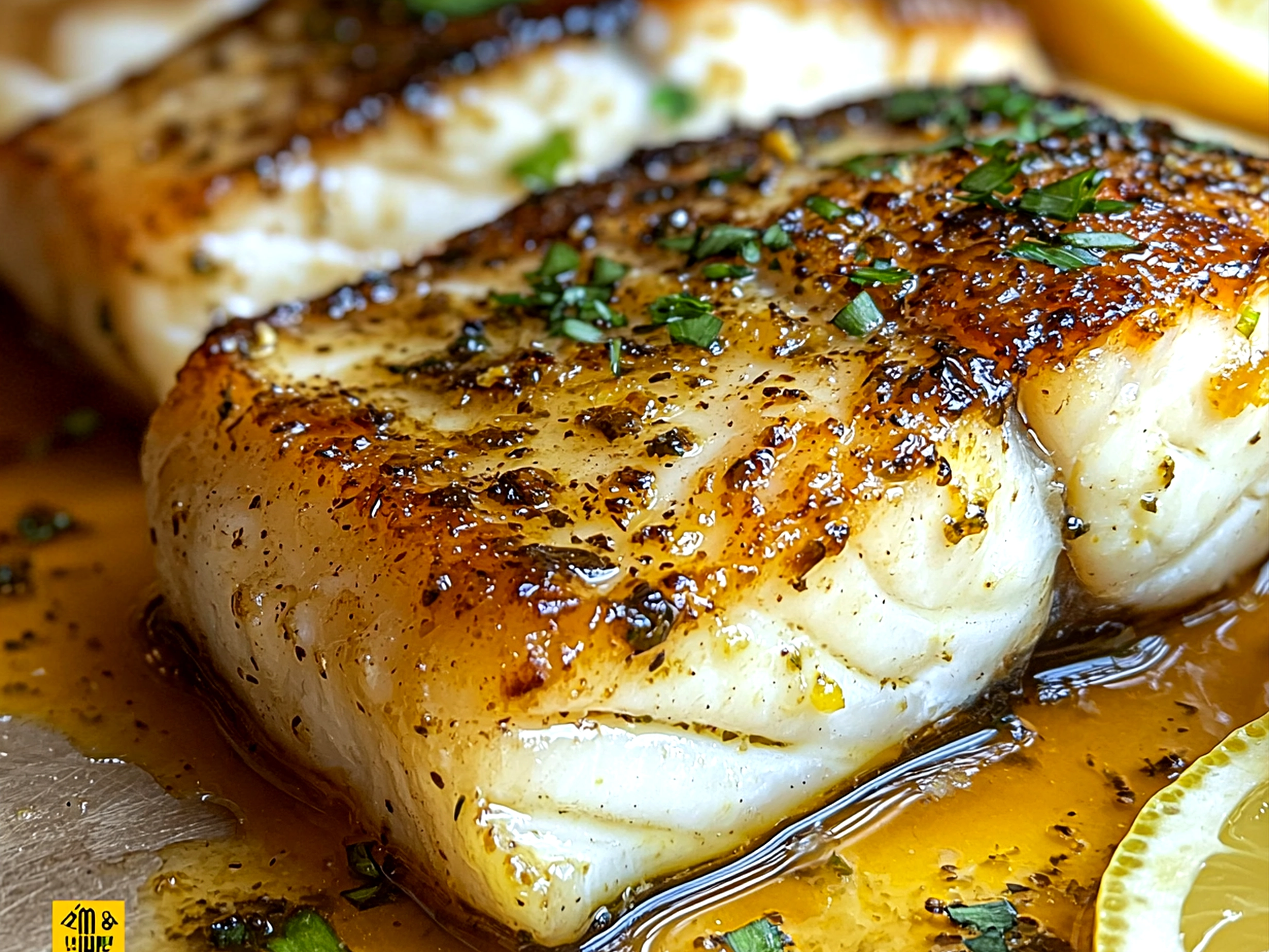 Served Lemon Garlic Butter Cod with fresh herbs and lemon wedges