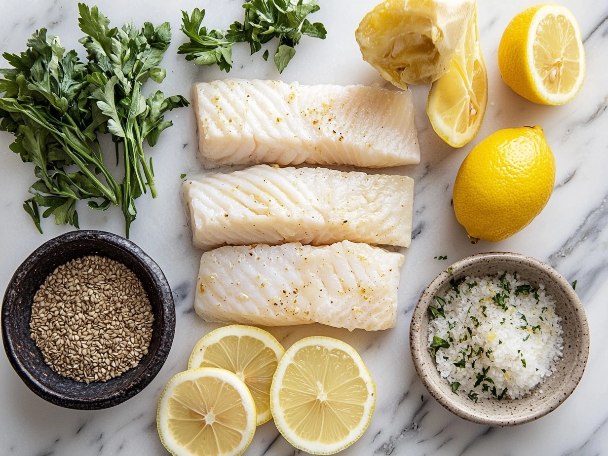 Fresh ingredients for Lemon Garlic Butter Cod including cod fillets, garlic, lemon, butter, and herbs