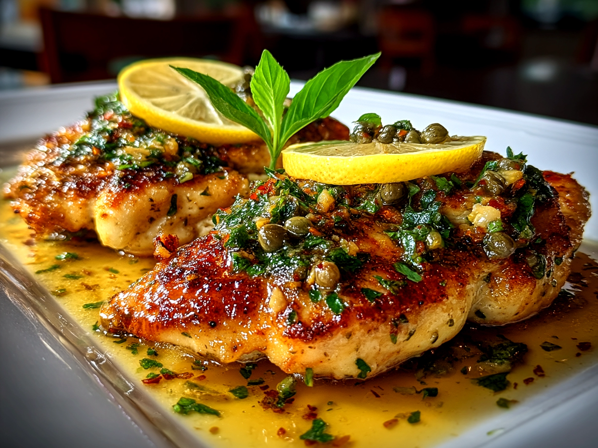 Serving Lemon Garlic Chicken Piccata garnished with lemon slices and parsley