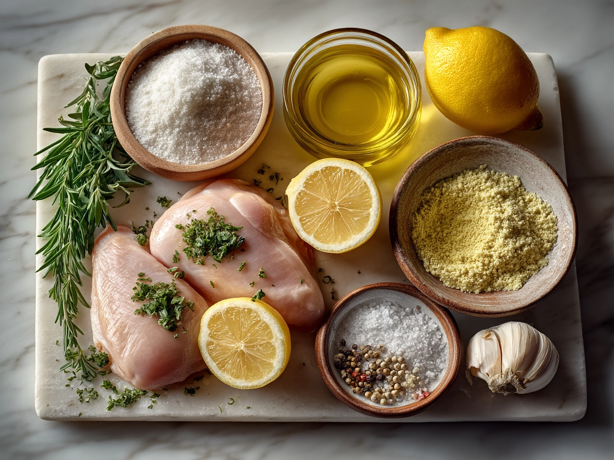 Ingredients for Lemon Garlic Chicken Piccata including chicken breasts, garlic, lemon, capers, and butter