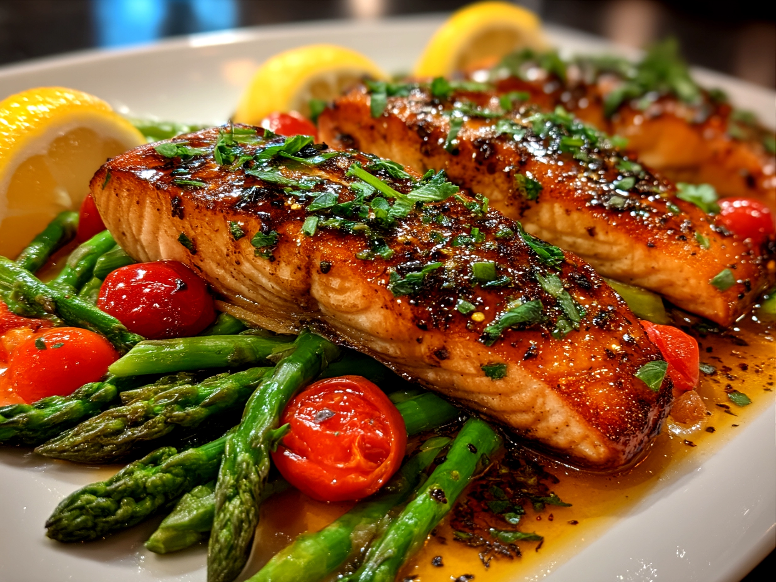 Lemon Garlic Salmon with Spring Vegetables beautifully plated