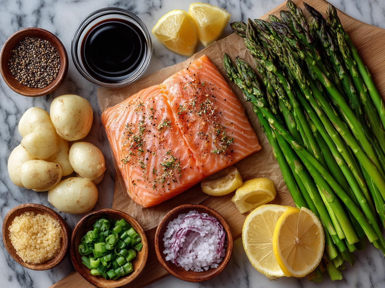 Ingredients for Lemon Garlic Salmon with Spring Vegetables