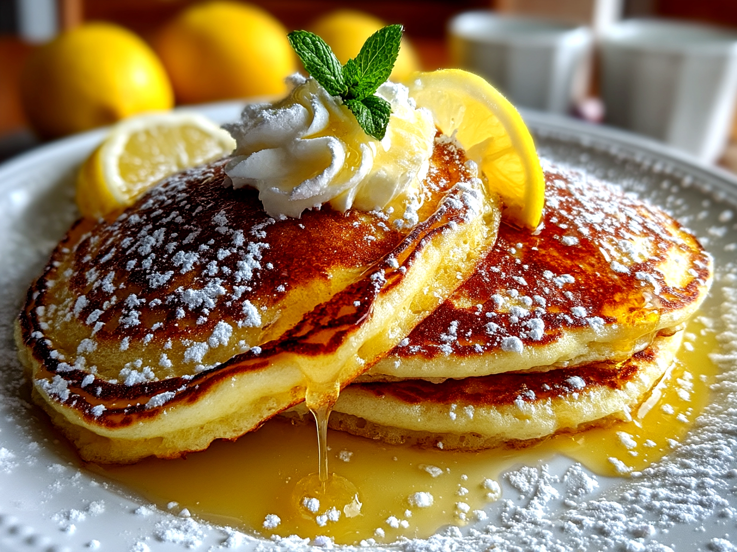 Plate of Lemon Ricotta Pancakes topped with fresh berries and whipped cream