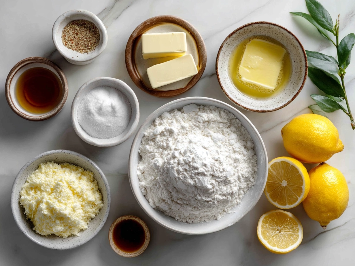 Ingredients for Lemon Ricotta Pancakes laid out on a kitchen countertop