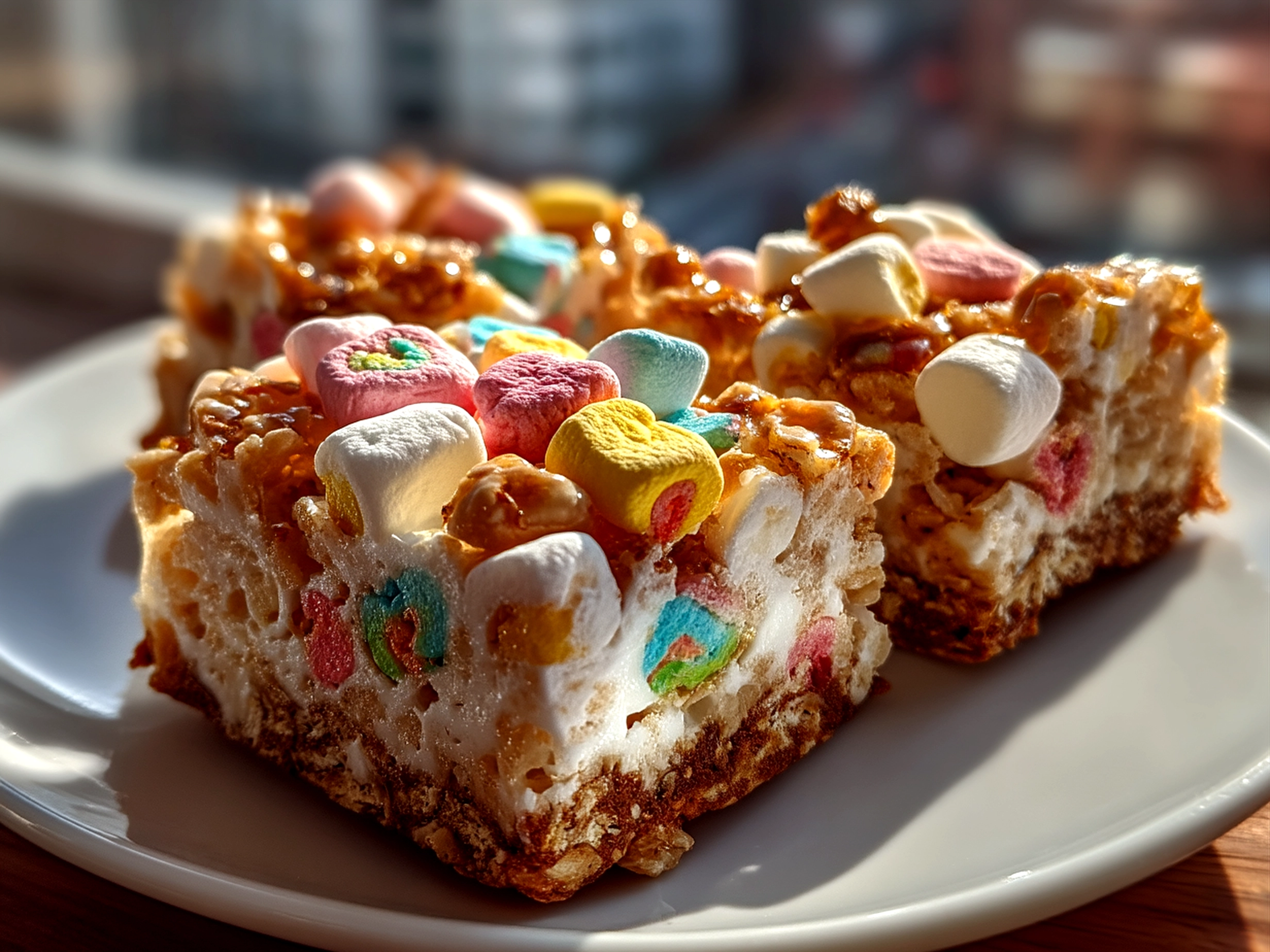 Finished Lucky Charms Marshmallow Bars cut and served