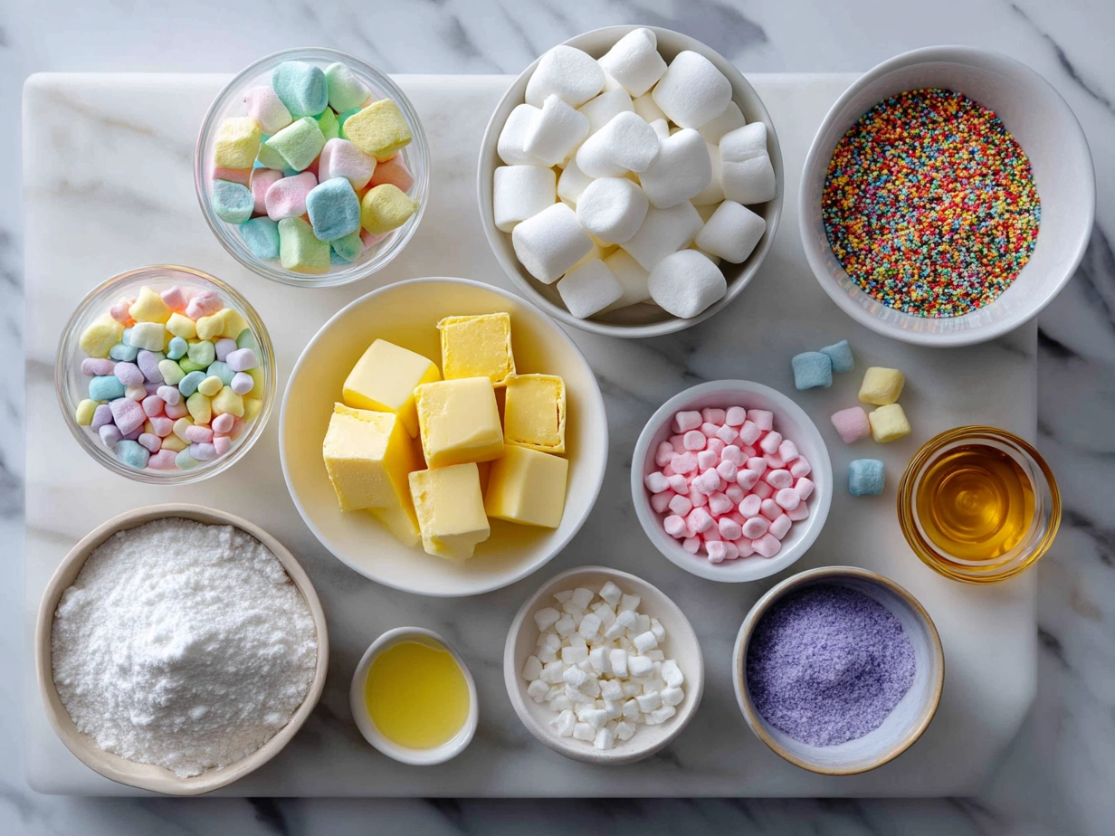 Ingredients for Lucky Charms Marshmallow Bars displayed in bowls