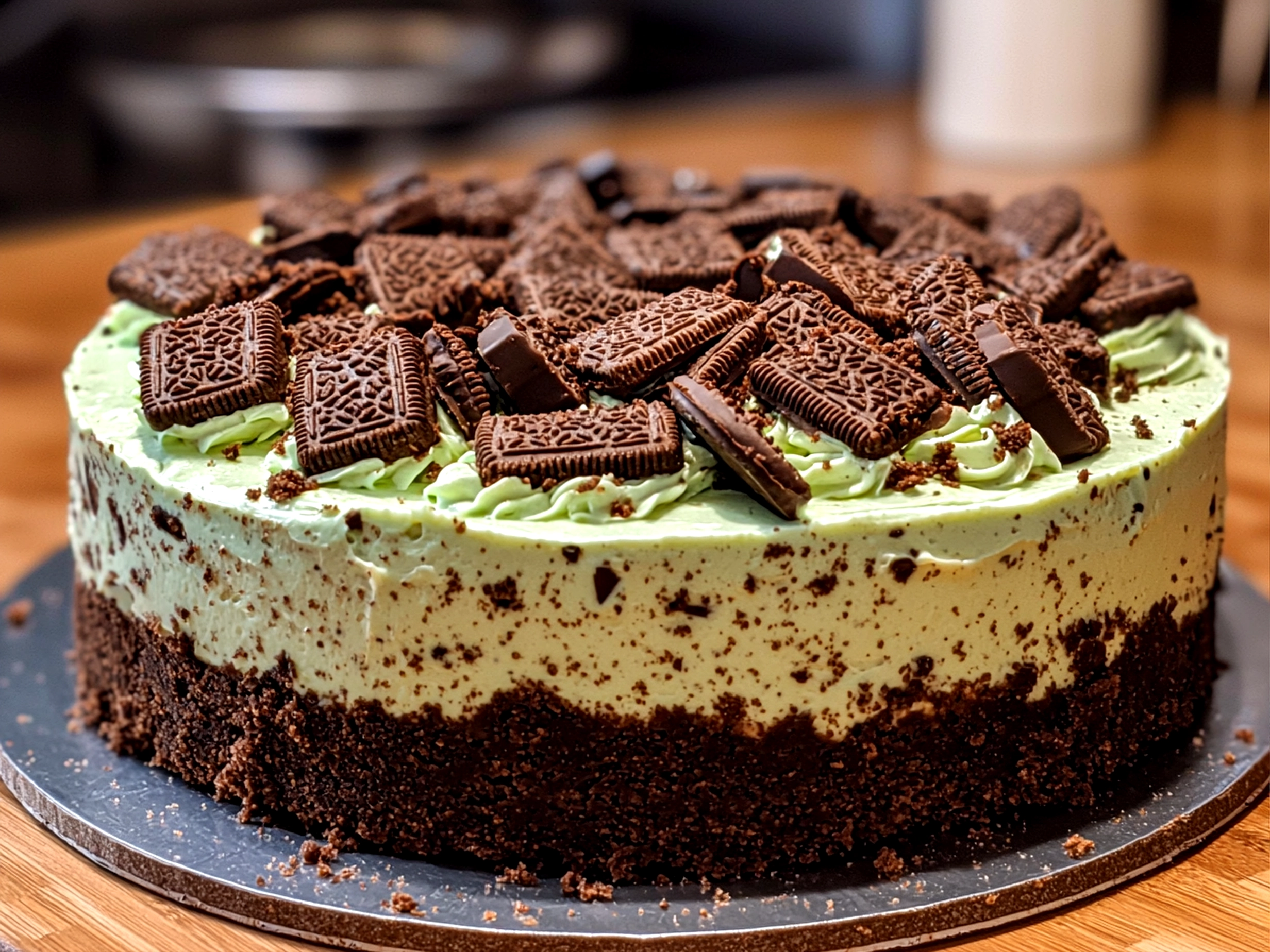 Serving Lucky Mint Oreo Cheesecake with mint leaves and Oreo crumbs