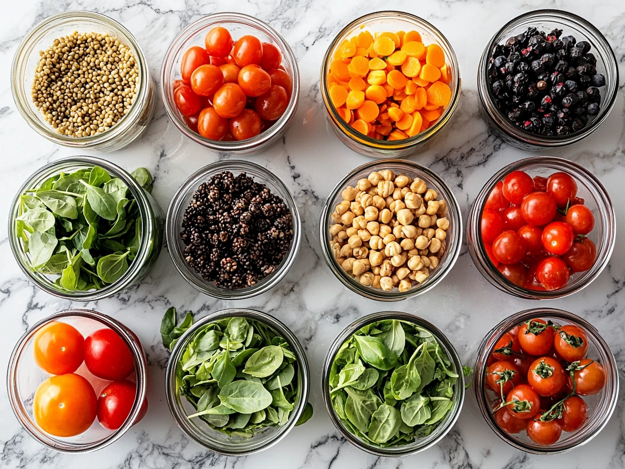 Fresh ingredients for Mason Jar Salads arranged on a table