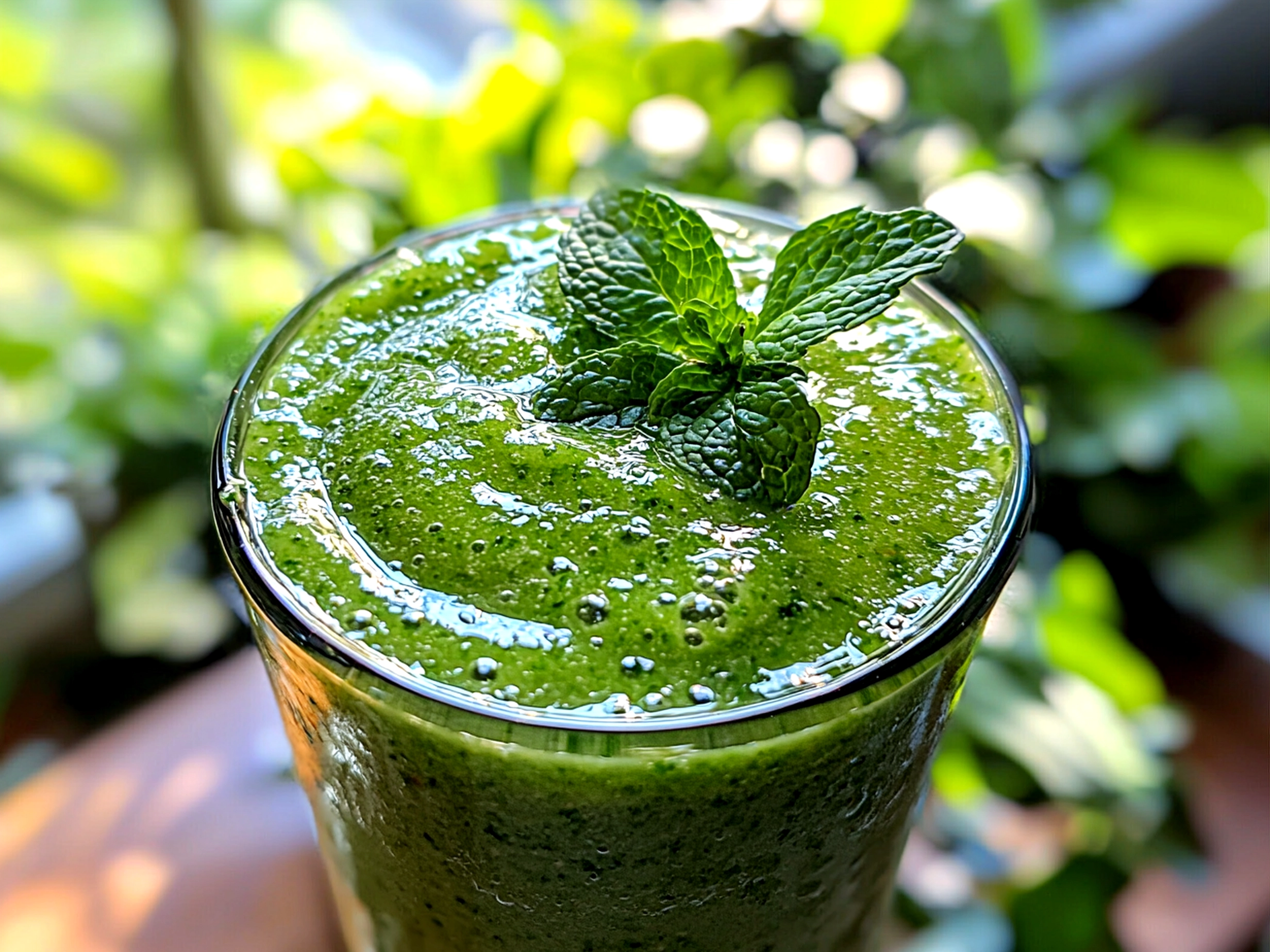 Freshly served Mint Green Detox Smoothie in a glass garnished with mint and lemon