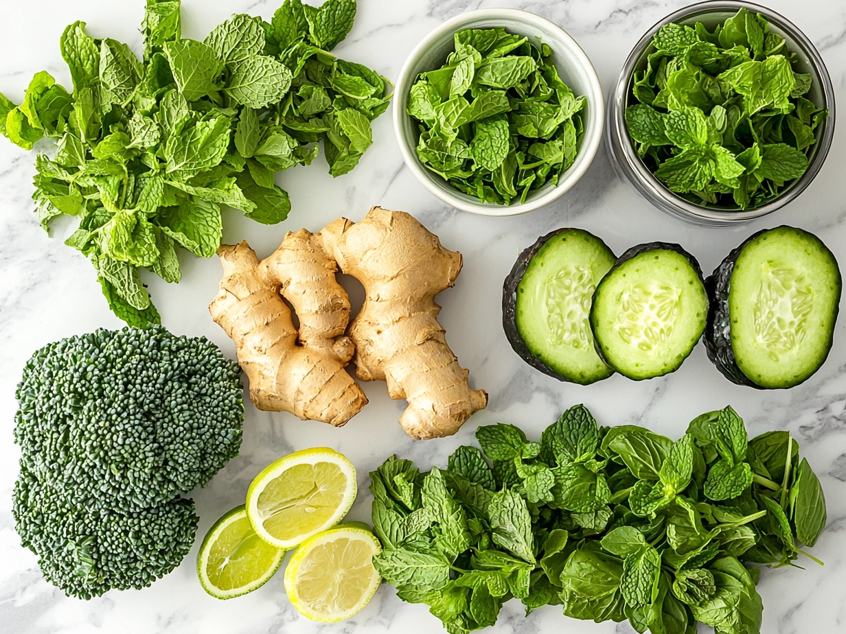 Ingredients for Mint Green Detox Smoothie including fresh spinach, mint leaves, cucumber, green apple, lemon, coconut water, and ice cubes
