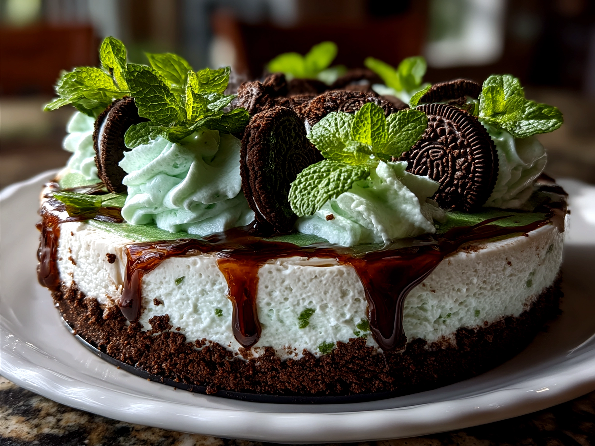 Served Mint Oreo Ice Cream Cake slice garnished with crushed Oreos