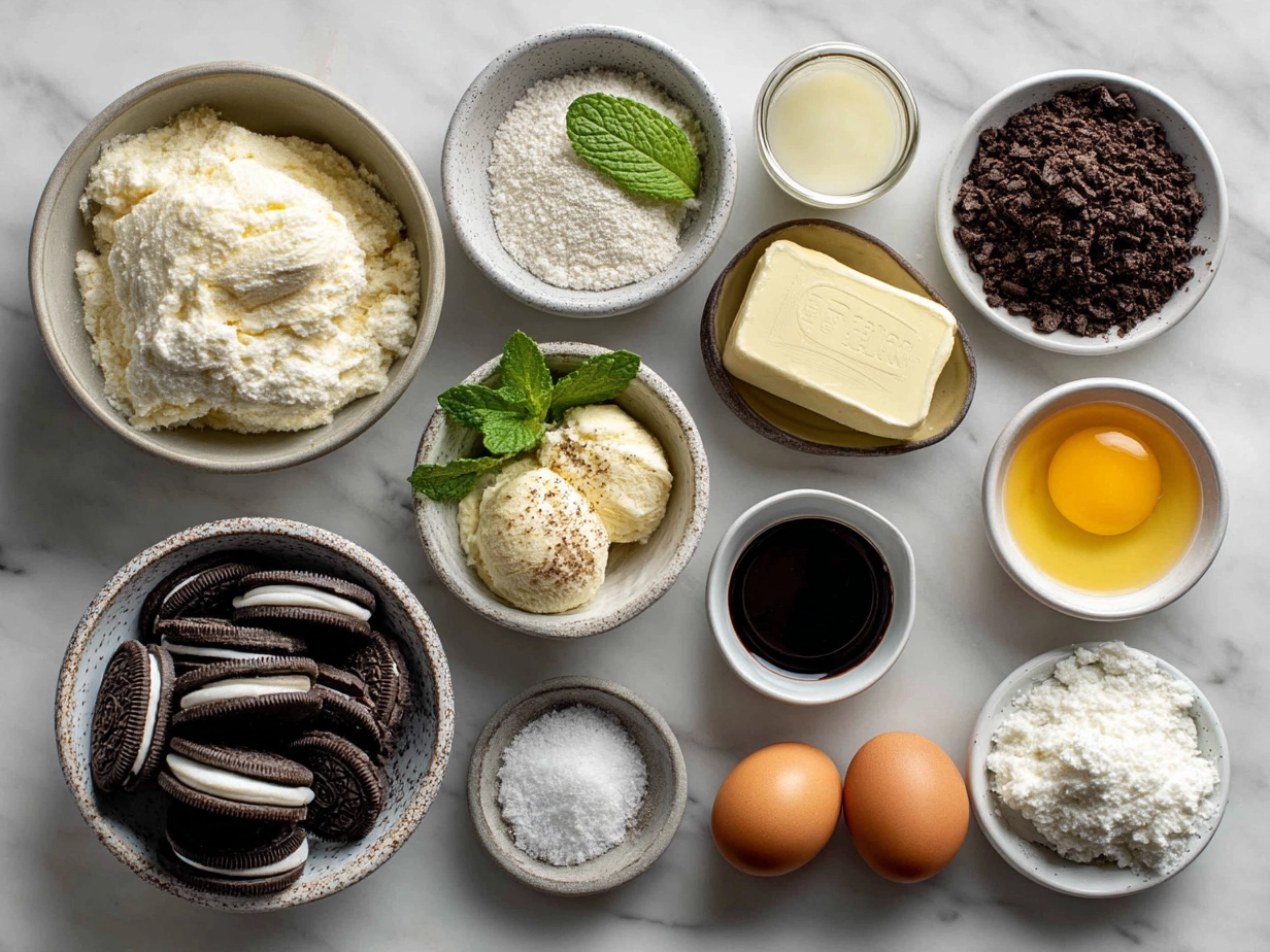 Ingredients for Mint Oreo Ice Cream Cake including Oreos, butter, ice cream, cream, and powdered sugar