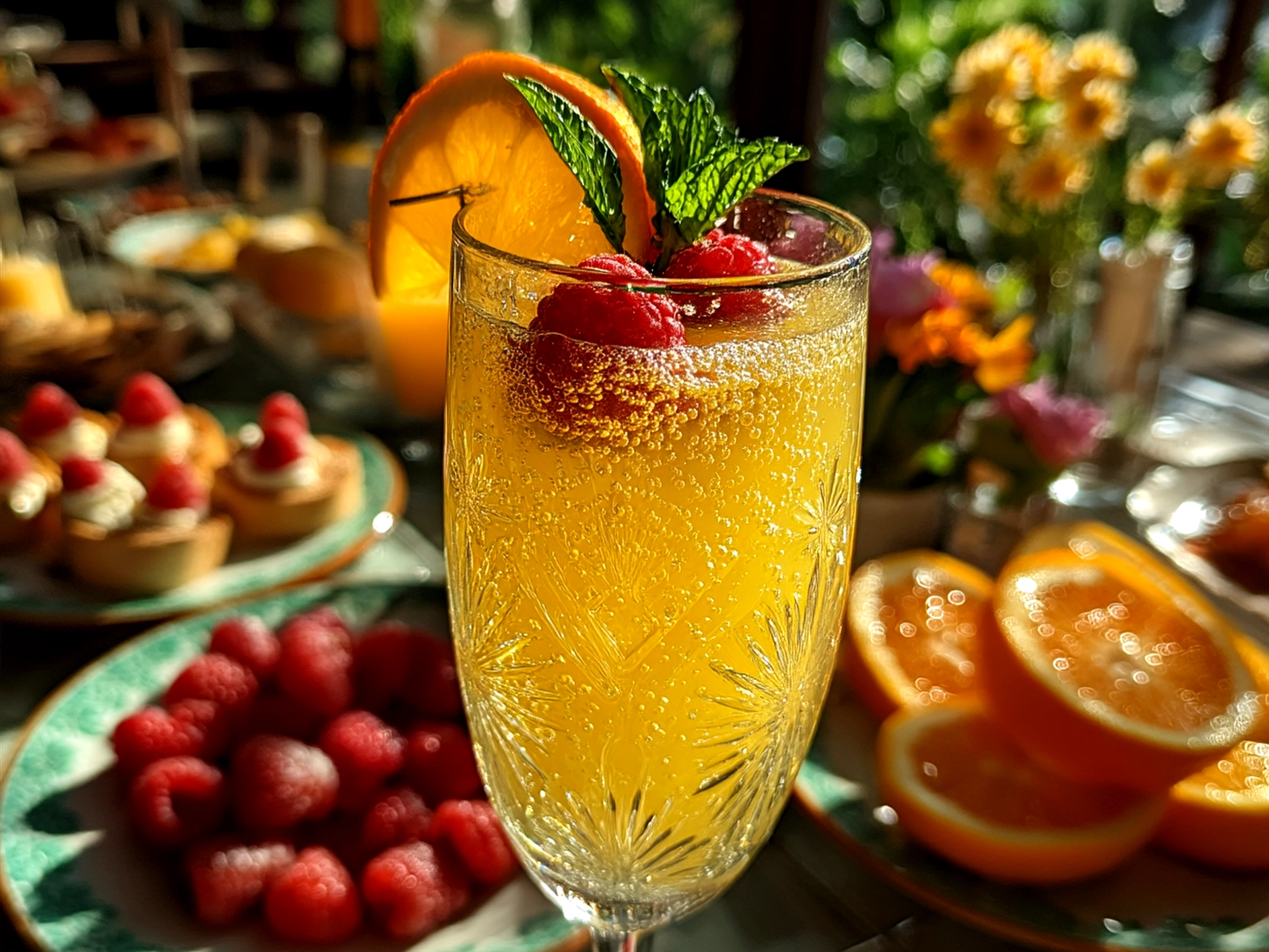 Beautifully arranged Mothers Day Mimosa Bar Ideas with fresh fruit and champagne glasses